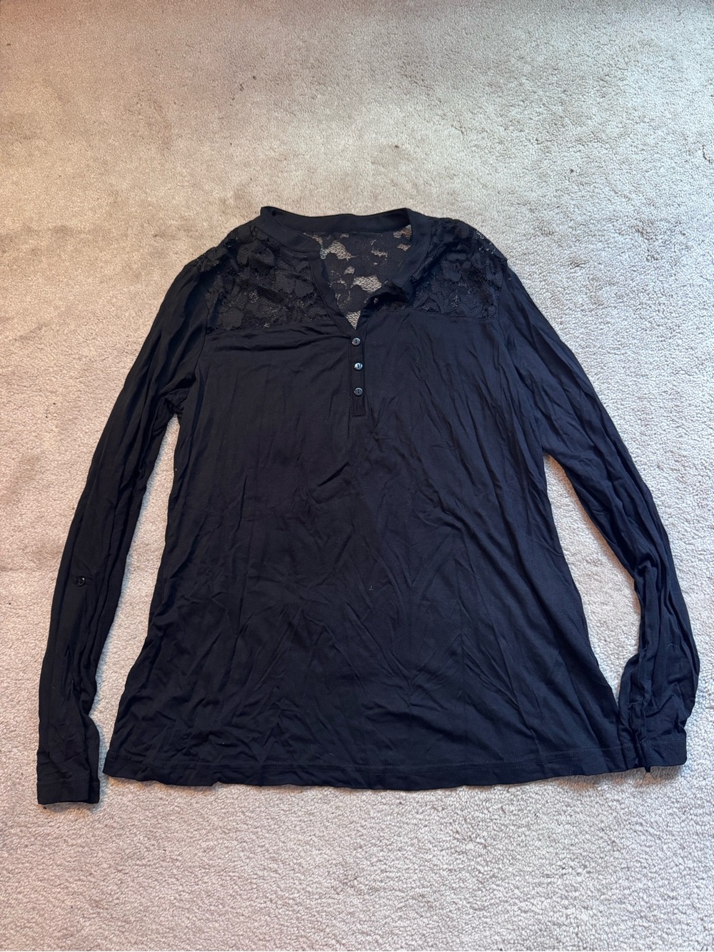 VENUS Black Long Sleeve Henley with Lace Yoke